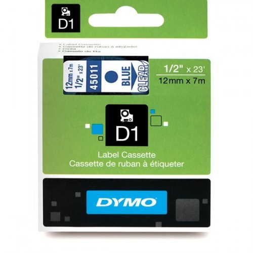 Лента DYMO  пластиковая, системы D1, 12 мм х 7 м, голубой шрифт, прозрачная лента (S0720510/45011)