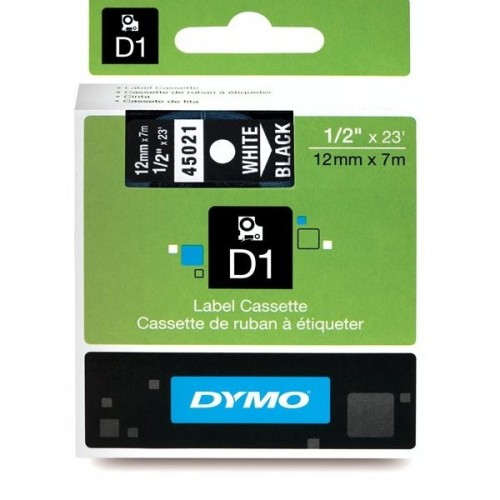 Лента DYMO системы D1, 12 мм х 7 м,пластиковая, белый шрифт, черная лента (S0720610/45021)